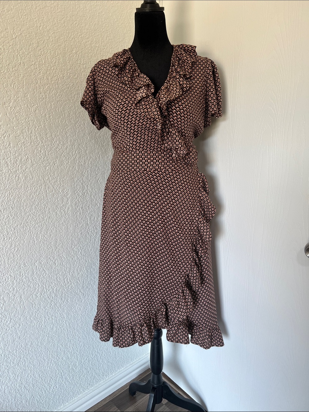 Ruffle Wrap Midi Dress in Burgundy Print